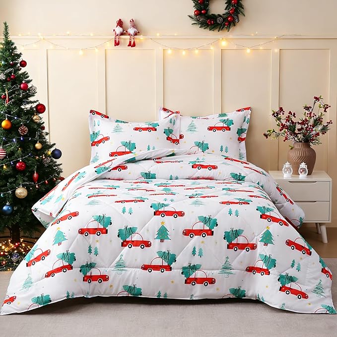 JSD Cars Kids Christmas Comforter Set Full Size, 3 Piece Tree Printed Microfiber Holiday Winter Bedding Set