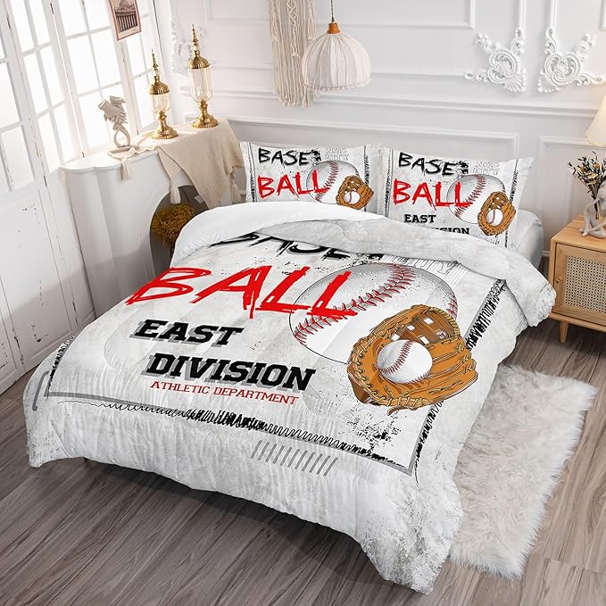 Baseball Theme Comforter Set Boys Baseball Sports White Series Comforter Sets Quilt with 1 Comforter and 2 Pillowcases for Kids Boys Bedroom All Season（Basketball-4 Full）