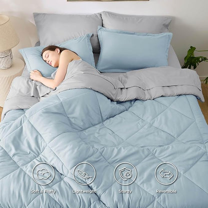 Bedsure Twin Comforter Set - 5 Pieces Reversible Sky Blue Bedding, Twin Size Bed Set for All Seasons, Bed in a Bag with Down Alternative Comforter, Sheets, Pillowcase & Sham