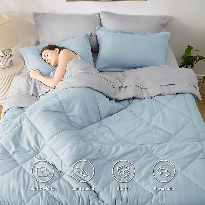 Bedsure Full Size Comforter Set - 7 Pieces Reversible Sky Blue Bedding, Full Size Bed Set for All Seasons, Bed in a Bag with Down Alternative Comforter, Sheets, Pillowcases & Shams