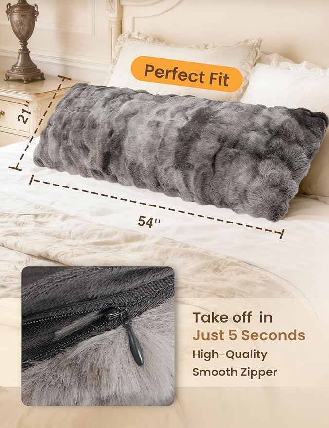 ZonLi Fluffy Faux Rabbit Fur Grey Body Pillow, Side Sleep Body Pillow with Washable Cover, Adjustable Memory Foam Fill，20x54 Long Pillow for Adults Girls & Kids