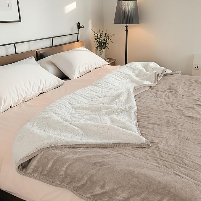 Electric Heated Blanket Queen Size 84"x90" - Dual-Sided with Microplush & Sherpa Fabric, 4 Heat Settings & 10 Hours Auto Off, Dual Controller, Machine Washable - Light Brown