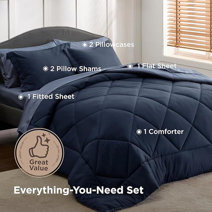 Bedsure King Comforter Set - 7 Pieces Reversible Navy Blue Bedding, King Size Bed Set for All Seasons, Bed in a Bag with Down Alternative Comforter, Sheets, Pillowcases & Shams