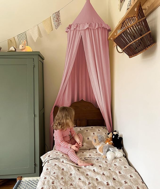 JIKAL Kids Bed Canopy with Ruffles Cotton Hanging Tent Frills Curtain Net for Baby Nursery Room Children Reading Nook Decor