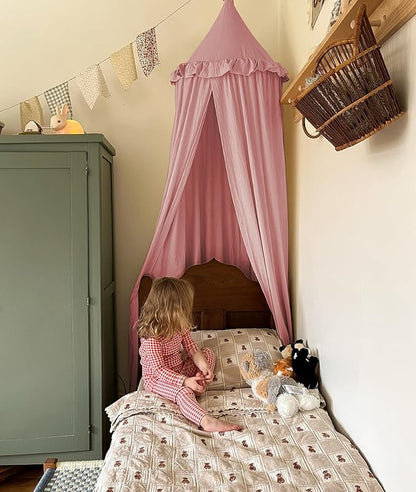 JIKAL Kids Bed Canopy with Ruffles Cotton Hanging Tent Frills Curtain Net for Baby Nursery Room Children Reading Nook Decor