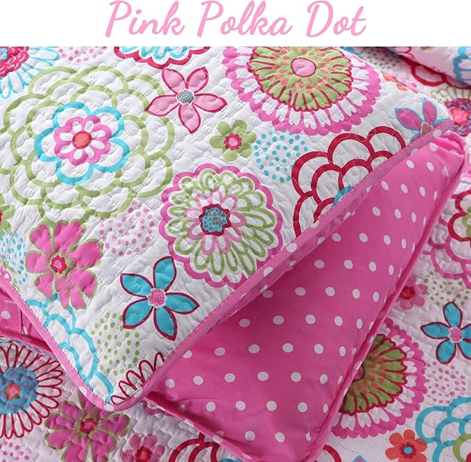 Cozy Line Home Fashions Pink Mariah Queen - 4 Piece Floral Polka Dot Reversible Quilt Bedding Set, Coverlet, Bedspreads for Girls (1 Quilt + 2 Shams + 1 Decorative Pillow)