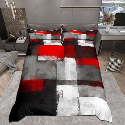 Geometric Duvet Cover Set Queen for Kids Boys,Red Grey Black Rectangle Bedding Set with 2 Pillowcases Oil Painting Comforter Cover,Abstract Graffiti Art Quilt Cover 3pcs, Polyester (No Comforter)