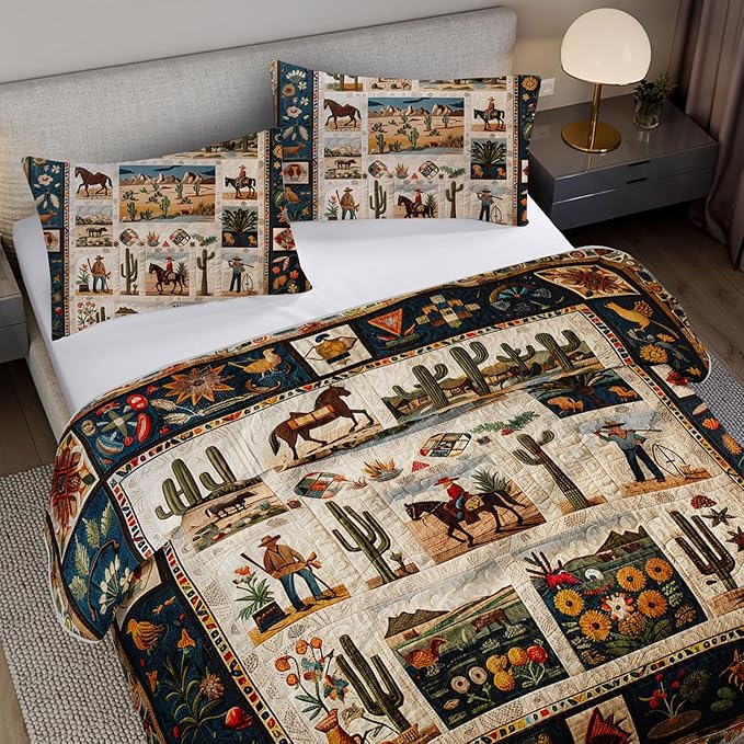 Western Wrangler Brown Horses Quilts Bedding Twin 3Pcs Chic Desert Scenery Cactus Bed Set Wild Plant Flower Pattern Bedspread Coverlet with 2 Pillowcases for Kid Boy Girl Teen Adult Room Decor