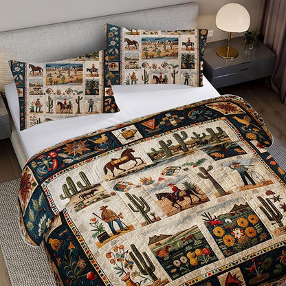 Western Wrangler Brown Horses Quilts Bedding Twin 3Pcs Chic Desert Scenery Cactus Bed Set Wild Plant Flower Pattern Bedspread Coverlet with 2 Pillowcases for Kid Boy Girl Teen Adult Room Decor