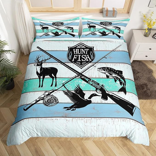 Castle Fairy Hunt Fish Duvet Cover Queen for Children,Farmhouse Wooden Board Bedding Set Modern Room Gift,Deer Bird Fish Animal Hunting Comforter Cover with 2 Pillowcases, Ultra Soft Bed Spread