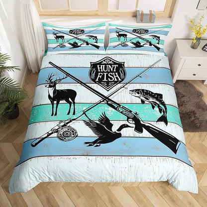 Castle Fairy Hunt Fish Bedding Set Twin Size,Farmhouse Wooden Board Duvet Cover for Kids Boys Bed Comforter Cover Set,Deer Bird Fish Animal Hunting Bedding Quilt Cover Set Decorative 2 Pieces