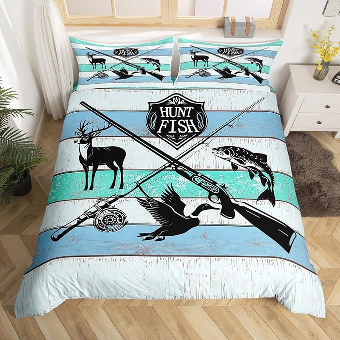 Castle Fairy Hunt Fish Bedding Set Twin Size,Farmhouse Wooden Board Duvet Cover for Kids Boys Bed Comforter Cover Set,Deer Bird Fish Animal Hunting Bedding Quilt Cover Set Decorative 2 Pieces