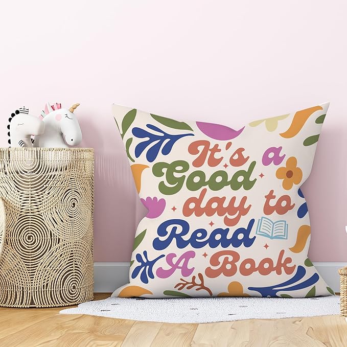 Floral It's A Good Day to Read A Book Decorative Throw Pillow Covers, Read Reading Pillows Covers for Kids, Trendy Pillow Cases Decor for Library Reading Nook Corner Couch Bedroom 18x18in