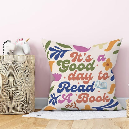 Floral It's A Good Day to Read A Book Decorative Throw Pillow Covers, Read Reading Pillows Covers for Kids, Trendy Pillow Cases Decor for Library Reading Nook Corner Couch Bedroom 18x18in