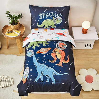 URBONUR 4 PCS Toddler Bedding Set for Boys Space Dinosaur Printed Toddler Comforter Set with Sheets Sets Ultra Soft Bed in a Bag 2-6 Year Old Toddler Bed-in-a-Bag Set