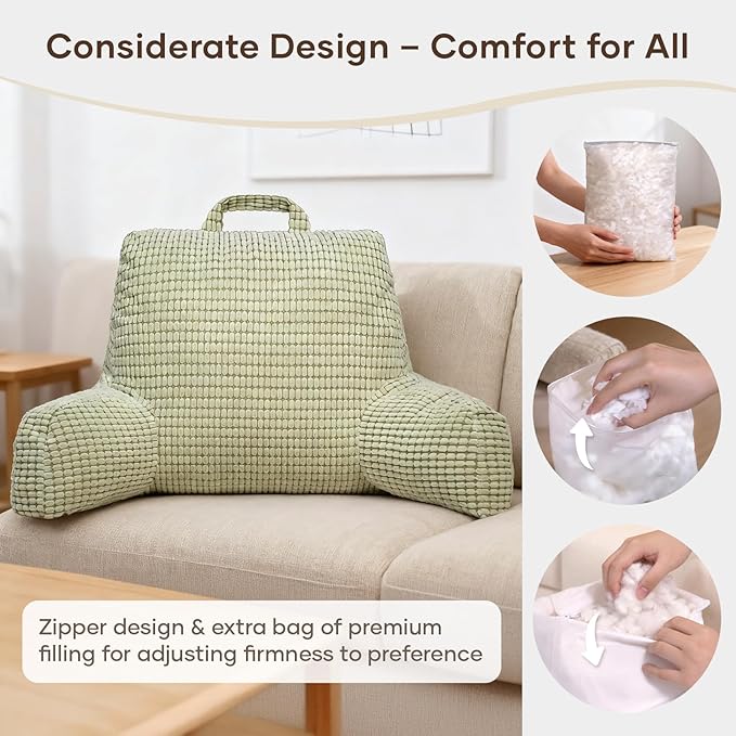 NOONTIDE Reading Pillow with Top Handle,Uniquely Designed Soft Fabric, Ergonomic Back Support for Bed,Cover Washable Sit up Pillow,Watching TV/Gaming/Relaxing(Green)