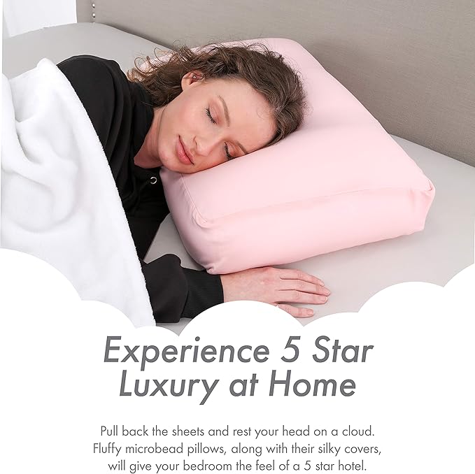 PILLOWY Premium Microbead Bed Pillow, Small Extra Fluffy But Supportive - Ultra Comfortable Sleep with Silk Like Anti Aging Cover 85% Spandex/ 15% Nylon Breathable, Cooling Cream Peach