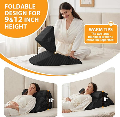3PCS Wedge Pillow Set for After Surgery, Adjustable 9&12 Inch Bed Wedge Pillow for Sleeping, Incline Pillow Wedge for Headboard, Post Surgery, Acid Reflux, Neck&Back Support, Air-Layer Black