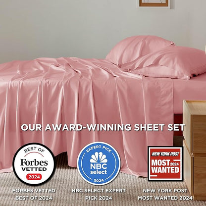 Bedsure Queen Sheet Set, Rayon Derived from Bamboo, Cooling Sheets, Breathable & Soft, Deep Pocket Up to 16 Inches, Hotel Luxury Silky Bedding for Hot Sleepers, Blush Pink