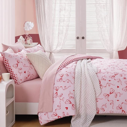Twin XL Comforter Set for Girls, Red Bow Bedding Set Reversible with Cute Heart, All Season Kids Dorm Bed in a Bag 5 Pieces with Sheets, Pillowcase & Sham