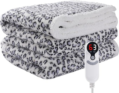 Electric Heated Blanket Full Size 72"×84" with 6 Heating Levels & 10Hs Auto Off, Heating Blanket Double Sided Plush Sherpa, Fast Heating, Machine Washable for Christmas Gift Leopard Print Blue & White
