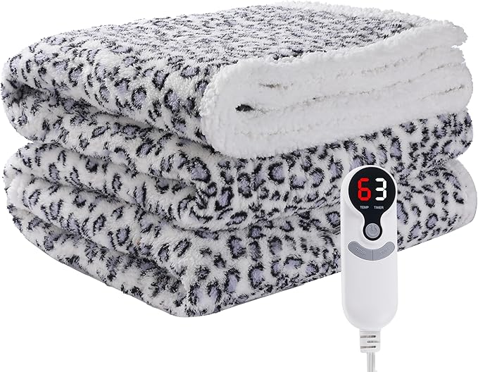 Electric Heated Blanket Throw 50"×60" with 6 Heating Levels &3 Hours Auto Off, Heating Double Sided Plush Sherpa, Fast Heating, Machine Washable Leopard Print Blue & White