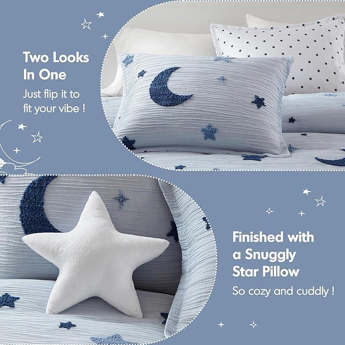 Intelligent Design Kids Cosmos Twin Size Comforter Set – Blue Star and Moon Tufted Chenille, Reversible 3-Piece Bedding with Star Pillow