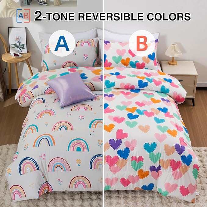 A Nice Night Rainbow Kids Comforter Set for Girls, Twin Size 6 Piece Bed in a Bag Soft Polyester Bedding Set with Floral, Grass & Rainbows Design