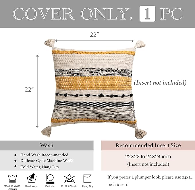 BlissBlush Boho Decorative Throw Pillow Cover 22x22 Square Yellow Mustard Accent Pillowcase Tassels Farmhouse Cushion for Couch Sofa Bedroom Living Room Home Décor Cover ONLY (Pack of 1)