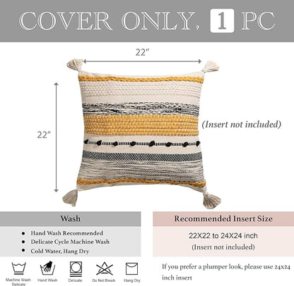 BlissBlush Boho Decorative Throw Pillow Cover 22x22 Square Yellow Mustard Accent Pillowcase Tassels Farmhouse Cushion for Couch Sofa Bedroom Living Room Home Décor Cover ONLY (Pack of 1)