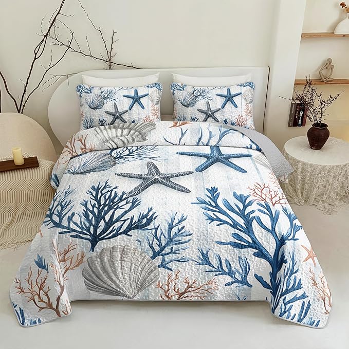 QOOMO Coastal Quilt Set Full/Queen Size,Starfish Coral Nautical Bedspread Coverlet Set,Ocean 3Pcs Bedding Set Printed Quilt with 2 Pillowcases,Soft and Lightweight,for All Seasons