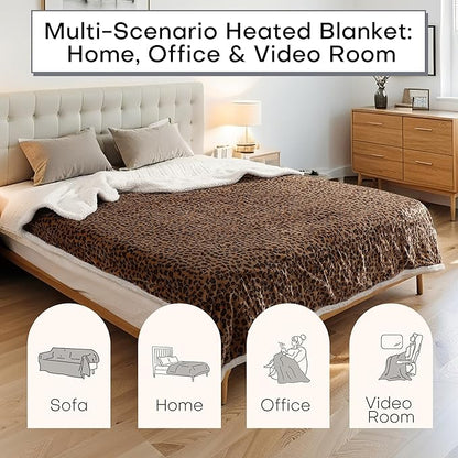 Electric Heated Blanket King Size 90"x100" - Dual-Sided with Flannel, 4 Heat Settings & 10 Hours Auto Off, Machine Washable - Leopard Print