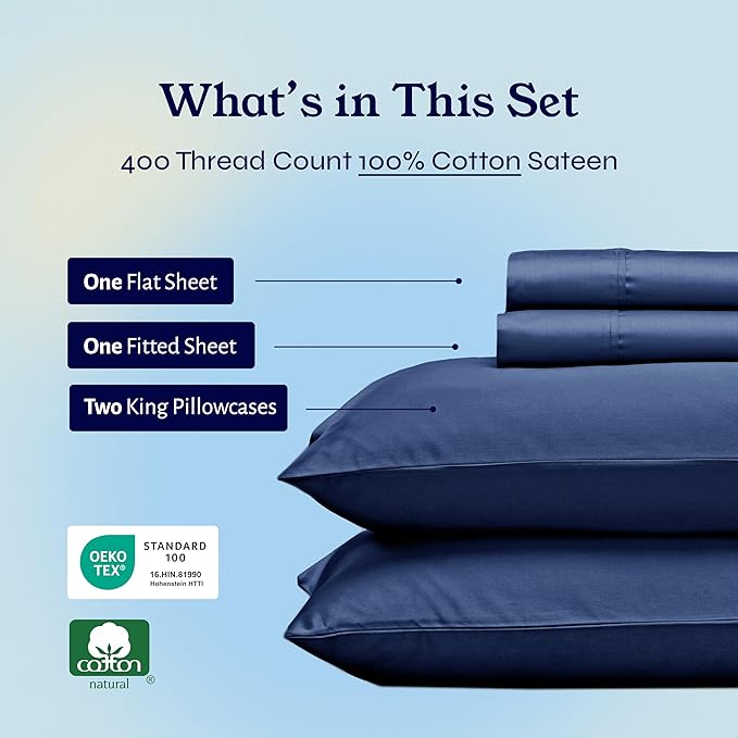 California Design Den Natural 100% Cotton King Size Sheets Set - 400 Thread Count Sateen, Deep Pocket King Bed Sheets with All Around Elastic, Soft, Durable Bedding - Navy Blue