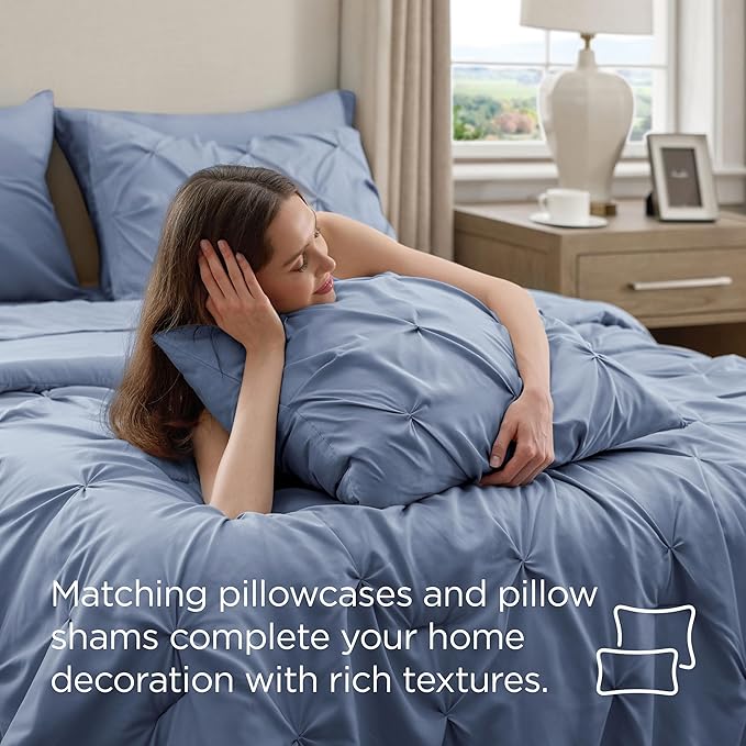 Bedsure King Size Comforter Set Slate Blue - Bed in a Bag Bedding Set 7 Pieces, GentleSoft™ Pintuck Bed Set Gift for Family, Pinch Pleat Slate Blue Comforter with Sheets, Pillowcases & Shams