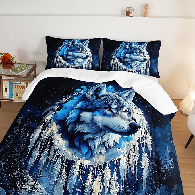 Wild Animal Themed Wolf Comforter Set Full Size,Blue Dream Catcher Snow Scene Bedding Sets for Kids Boys Girls Teens Room Decor,Western Comforter Set with 2 Pillowcases.
