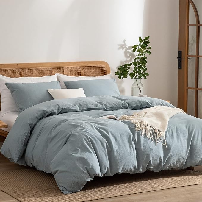 Light Blue Duvet Cover Queen, 100% Washed Cotton Linen Like Textured 3 Pieces Bedding Set, Solid Color Simple Style Luxury Relaxed Feel Natural Wrinkled Breathable Soft Comfy (Light Blue, Queen)