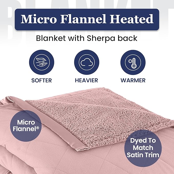 Thermee Micro Flannel Heated Blanket with Sherpa back, 10-Setting Electric Blanket Twin Size, Programmable Heating Blanket, Ultra-Soft Heated Throw Blanket, Fast Heating Thermal Blanket - Blush