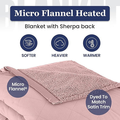 Thermee Micro Flannel Heated Blanket with Sherpa back, 10-Setting Electric Blanket King Size, Programmable Heating Blanket, Ultra-Soft Heated Throw Blanket, Fast Heating Thermal Blanket - Blush