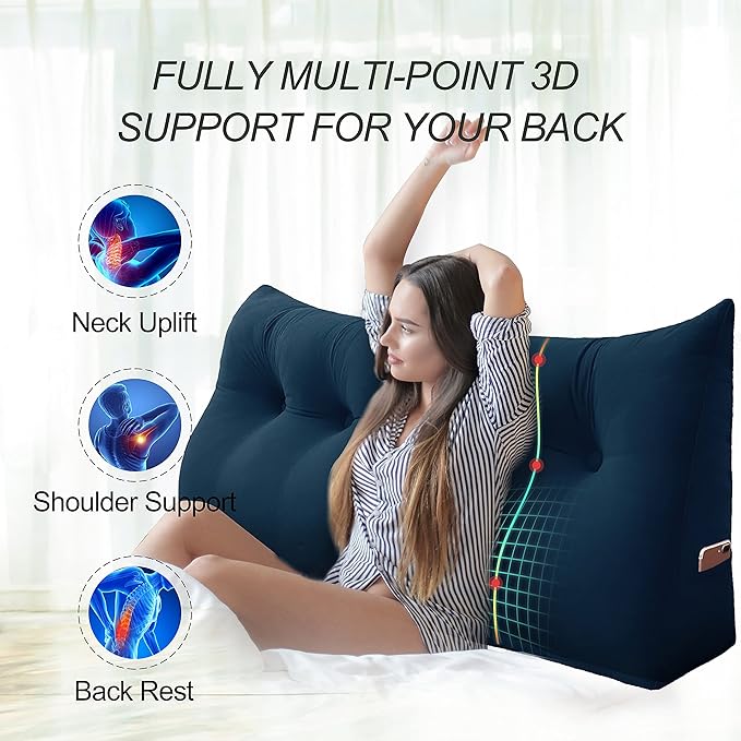 WOWMAX 100% Cotton Velvet Headboard Pillow – Full Size Wedge Back Support Reading Bolster for Bed & Daybed, Handmade Firm Support Cushion with Removable Cover, Soft Luxury Bed Rest Pillow, Deep Blue
