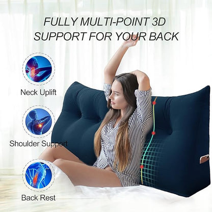 WOWMAX 100% Cotton Velvet Headboard Pillow – Full Size Wedge Back Support Reading Bolster for Bed & Daybed, Handmade Firm Support Cushion with Removable Cover, Soft Luxury Bed Rest Pillow, Deep Blue