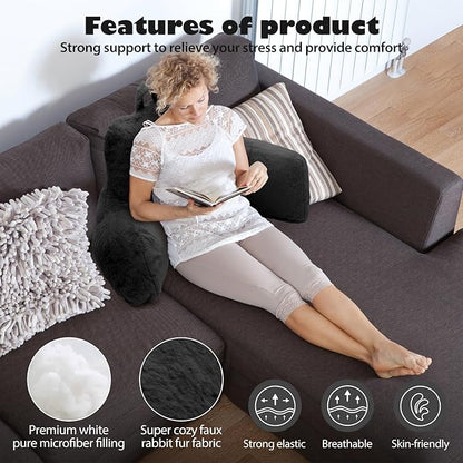 Reading Pillow for Sitting in Bed Adult, Standard Reading Pillow with Memory Foam, Back Pillow for Bed Sitting Up with Extend Arms, Black