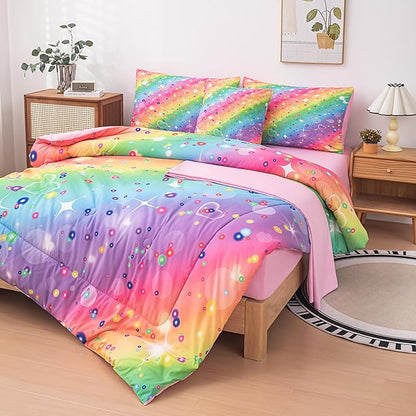 MWMWMW 6 Pcs Rainbow Galaxy Comforter Set Full, Girls Bedding Sets Full, Kids Bedding Sets for Girls with 1 Comforter, 1 Flat Sheet, 1 Fitted Sheet, 1 Pillow Cover, 2 Pillowcases