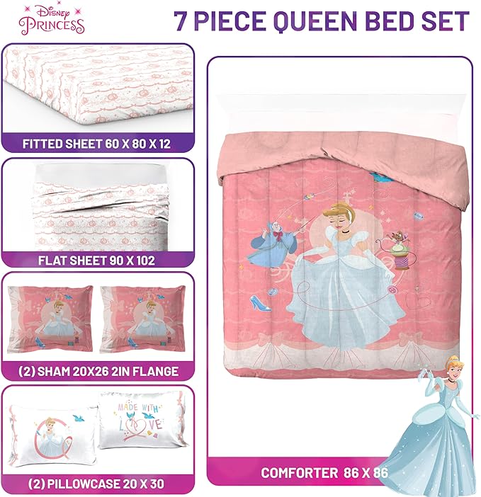 Jay Franco Kids Comforter Set Includes Sheets and Pillow Covers - Soft and Cozy Bed Set for Stylish Room Decor, Pink - Princess Cinderella, 7 Piece Queen Size Bedding