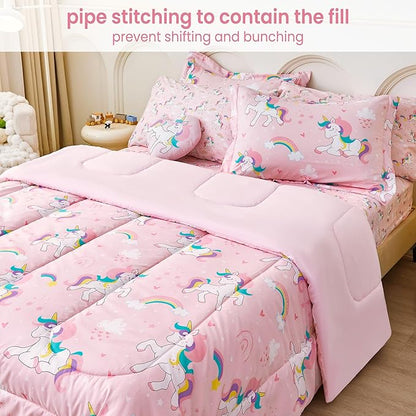 Mooreeke Twin Size Comforter Sets for Girls Kids, 6 Pieces Bed in a Bag Heart Rainbow Unicorn Bedding Comforter Sheet Set with Shams and Decorative Toy Pillow, Ultral Soft Microfiber Kids Bed Set