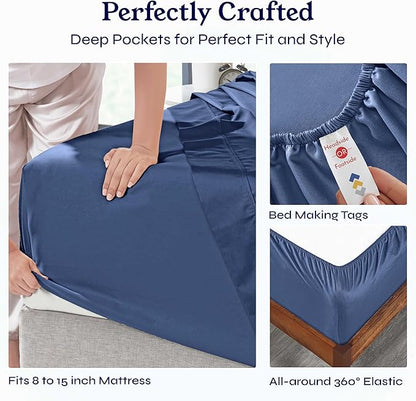 California Design Den Twin Size Sheets Set - 400 Thread Count Sateen, Natural 100% Cotton Sheets, Deep Pockets with All Around Elastic, Soft, Durable Bedding - Navy Blue