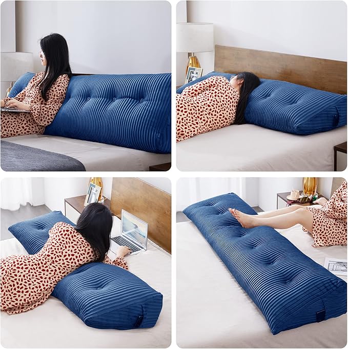 Large Headboard Pillow Headboard Wedge Pillow Bed Rest Reading Pillow Bolster Triangular Pillow for Sitting in Bed-Backrest Positioning Support Long Pillow for Daybed (Queen: 59x8x20 Inches,Blue)