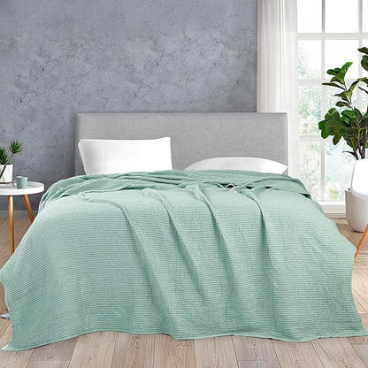 HILLFAIR 100% Combed Cotton Blanket– King Size Bed Blankets– Warm Soft All Season Breathable Lightweight Summer Waffle Weave Home Decor Bed Blanket- Sage King Bed Cotton Blankets/Bedcovers