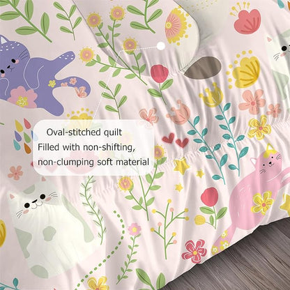 Cat Comforter Set Twin: Pink Purple Floral Cats Bedding Set for Kids Teens Girls Women Cartoon Cute Kitten Flowers Quilt Bed Sets 1 Comforter & 1 Pillowcase