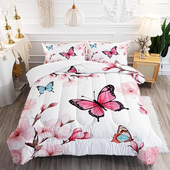 Colorful Butterfly Cherry Blossom Comforter 3Pcs Queen Sakura Flower Romantic Butterfly Bedding Set for Kid Teen Girl Boy Adult Petal Floral Quilt Decor with 1 Comforter and 2 Pillowcases