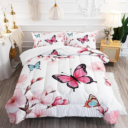Colorful Butterfly Cherry Blossom Comforter 3Pcs Queen Sakura Flower Romantic Butterfly Bedding Set for Kid Teen Girl Boy Adult Petal Floral Quilt Decor with 1 Comforter and 2 Pillowcases